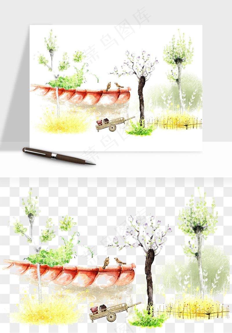 水彩手绘树木png免抠