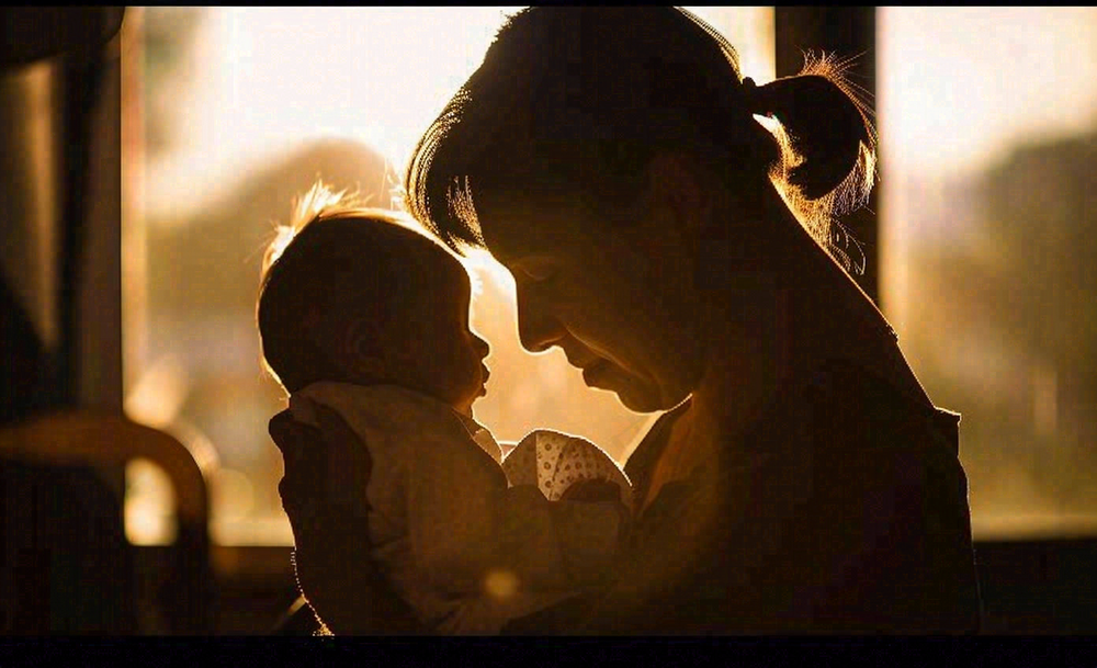 母亲节晚霞光辉妈妈抱着孩子摄影图