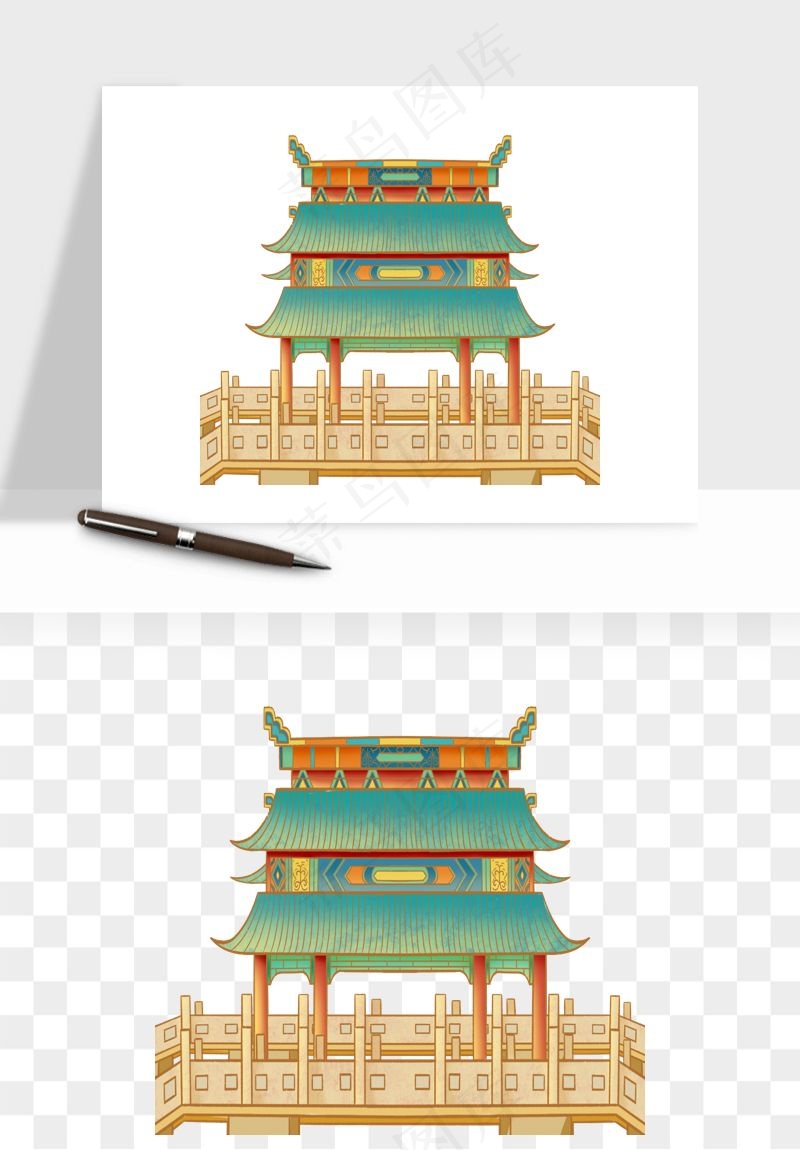 国潮风古建筑古楼古塔鼓楼psd,png免抠图