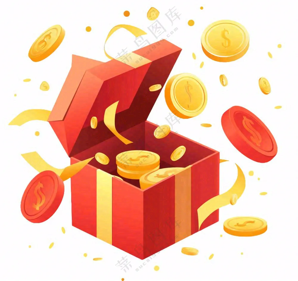 金币财富礼盒钱卡通免抠