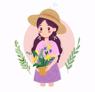 抱着花束的女孩人物卡通插画免抠