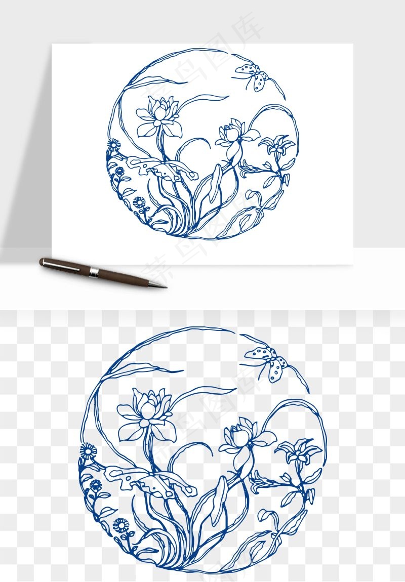 青花瓷花纹花卉图案png免抠