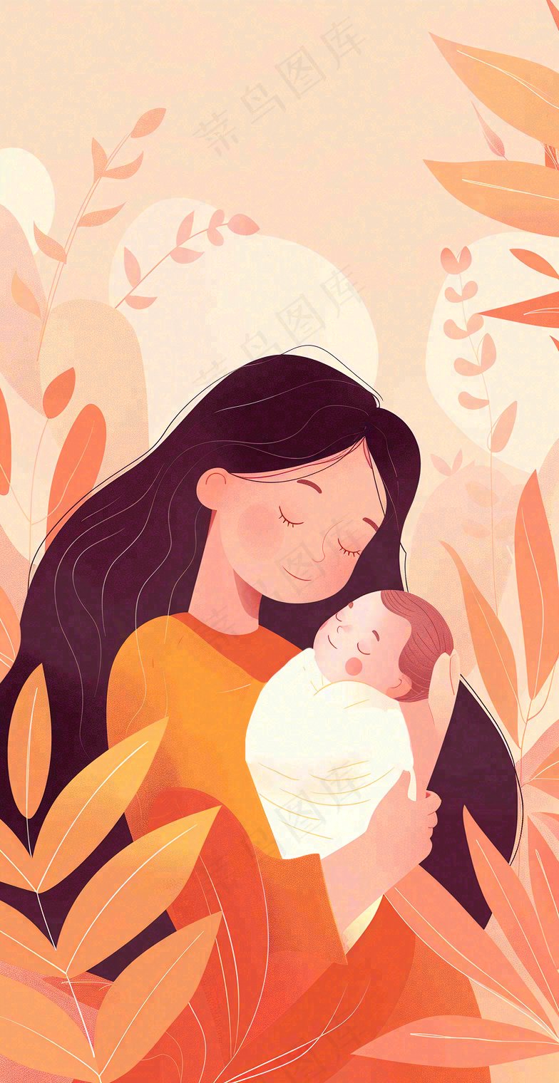 母亲节妈妈亲情抱着孩子鲜花光辉插画背景