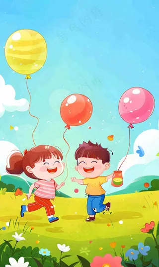 草坪玩耍的儿童气球派对儿童节卡通插画背景
