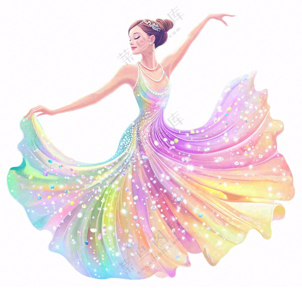 彩色裙子跳舞的少女美丽卡通插画免抠