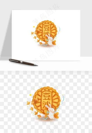 中秋月饼玉兔国潮插画png免抠