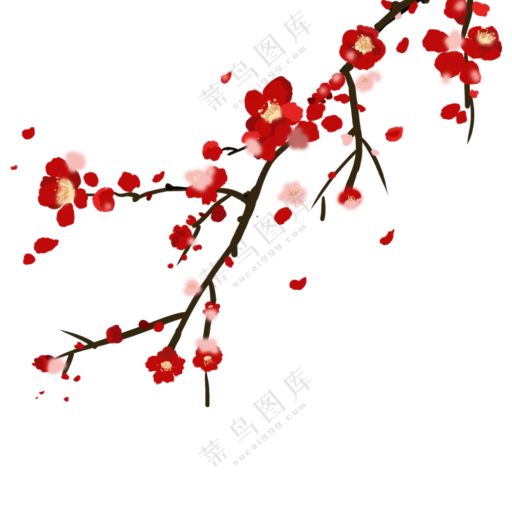 红梅与飘落的花瓣装饰元素免抠图片