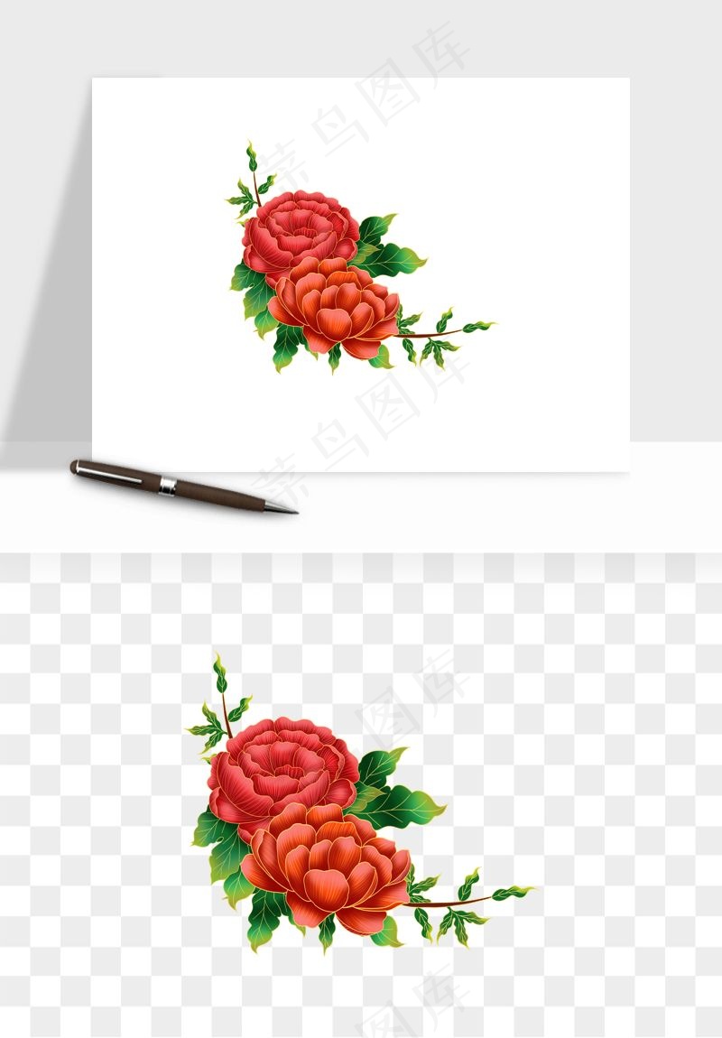 手绘国潮牡丹花花卉图案png免抠