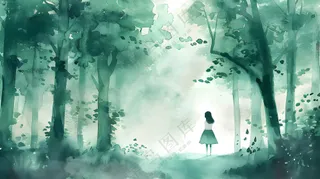 水彩风树林意境女孩背影插画