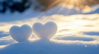 冬天雪地上的爱心雪球浪漫摄影图