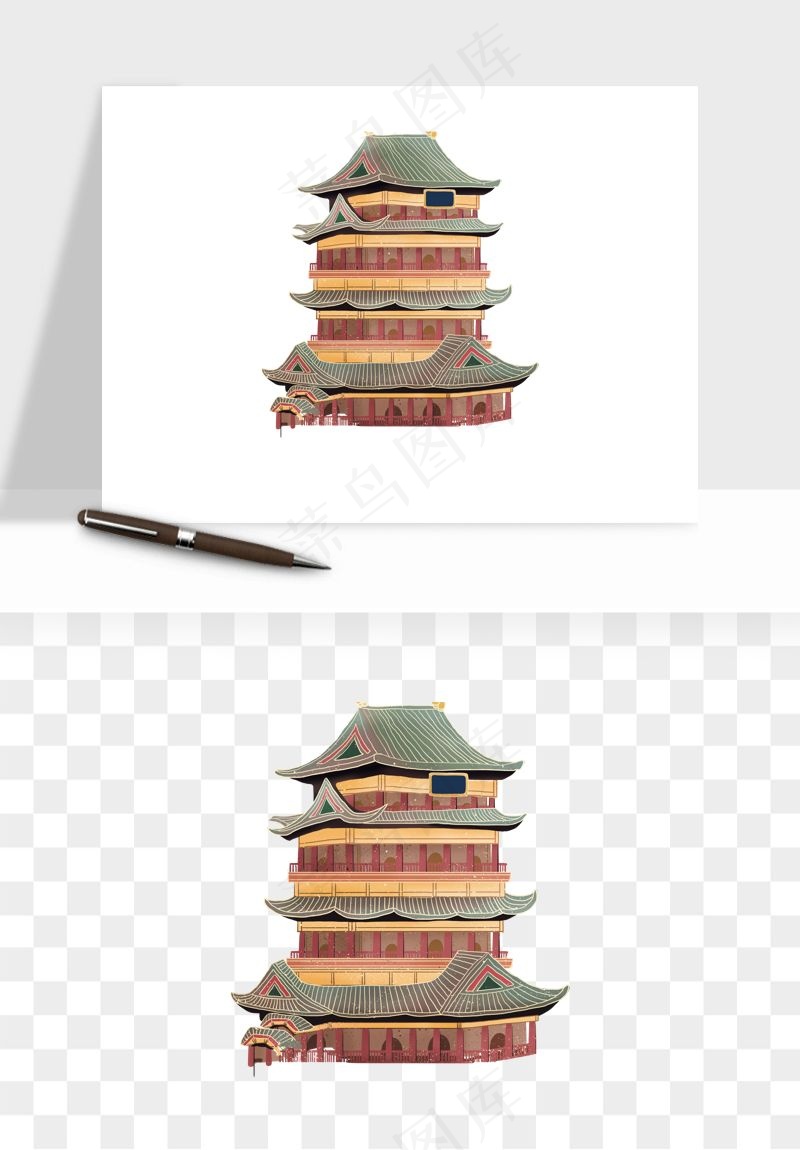 国潮风古建筑古楼古塔鼓楼psd,png免抠图