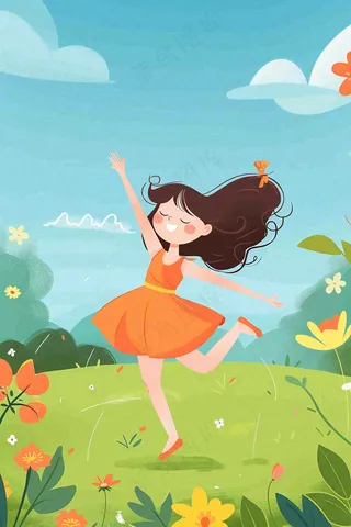 蓝天白云草坪翩翩起舞的小女孩儿童节卡通插画背景