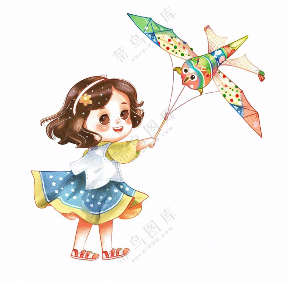 放风筝纸鸢的女孩儿童人物卡通插画免抠