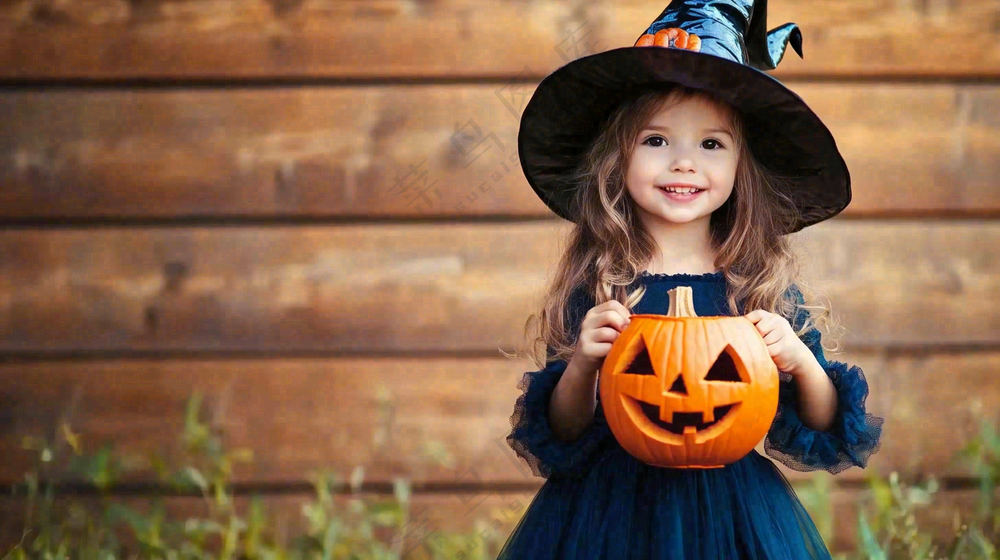 万圣节小女孩抱着南瓜灯装扮节日摄影图
