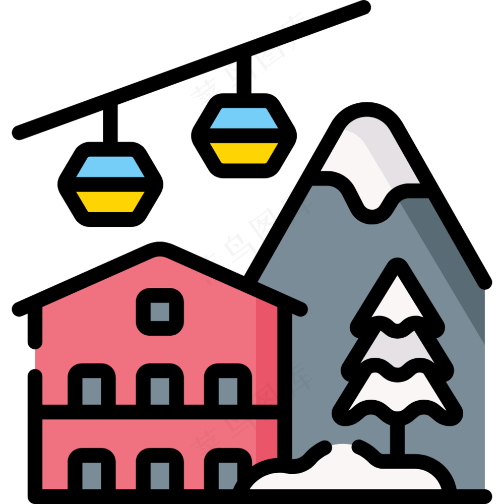 滑雪场 雪山 缆车 线性彩色图标
