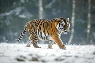 东北虎冬天雪地里嬉戏行走的老虎摄影图