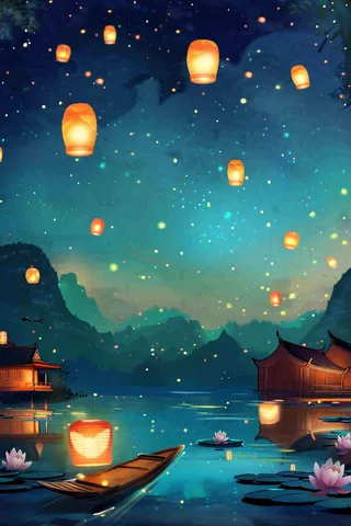 夜晚点灯孔明灯祈福中元节寒衣节插画背景