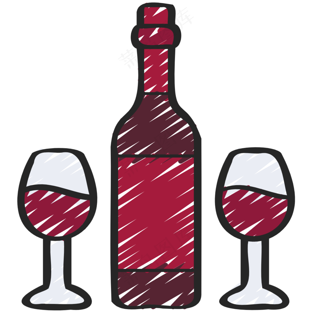 红酒及红酒杯 铅笔手绘图标icon