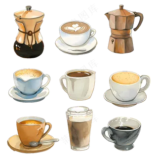 免抠不同种类的卡通咖啡