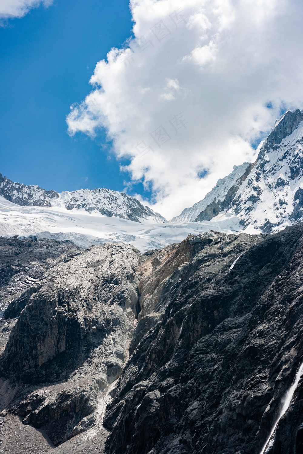 蓝天下的冰雪山峰
