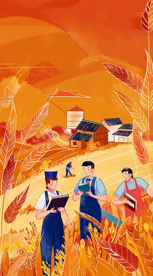 红色插画土地收成粮食农民辛勤劳作劳动节卡通插画背景