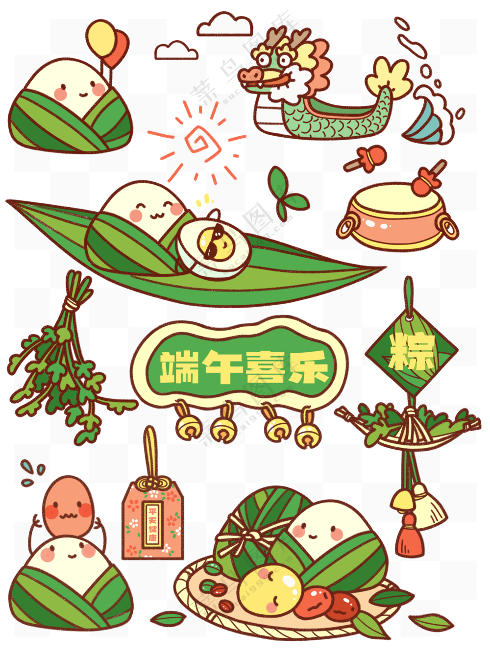 粽子贴纸手绘卡通趣味可爱端午节粽子龙舟护身符贴纸