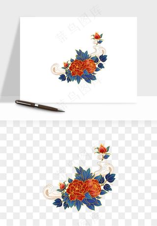 手绘国潮牡丹花花卉图案png免抠