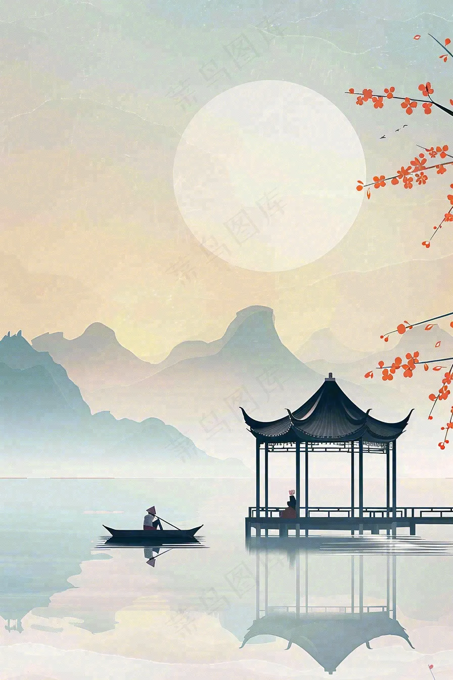 中国风山水凉亭霜降插画背景