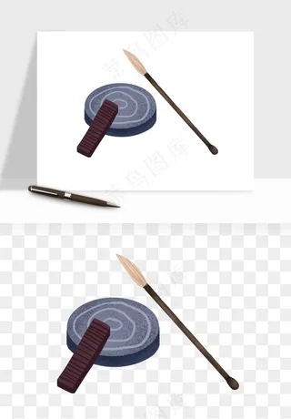 中式砚台毛笔书法png免抠