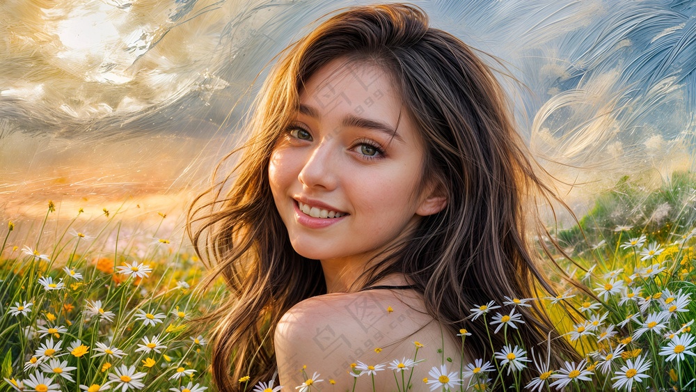 花草丛美女油画风图片