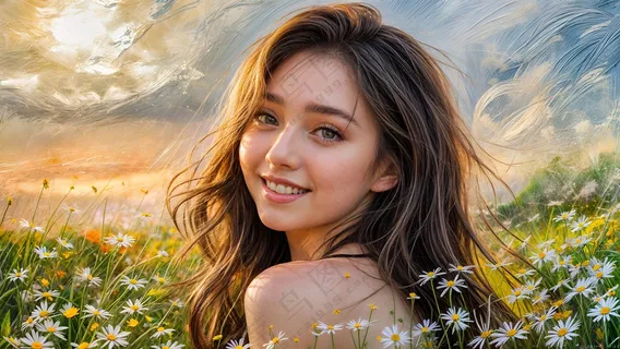 花草丛美女油画风图片