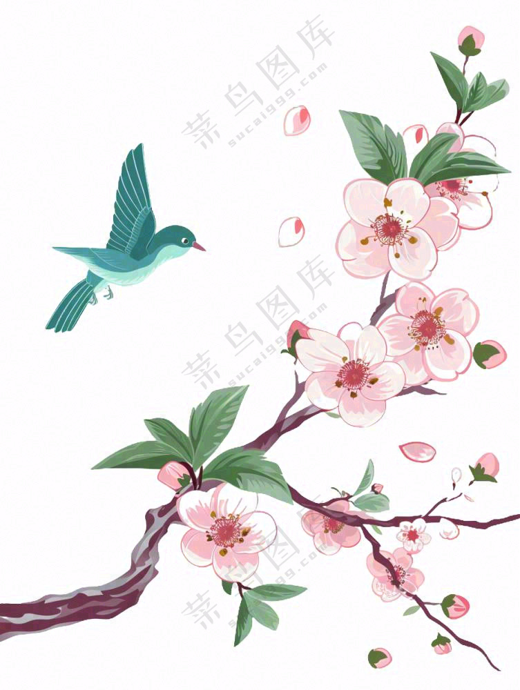 春天桃花树上小鸟喜鹊插画免抠