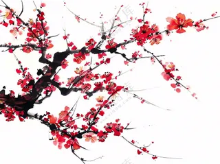 红色梅花傲雪水墨画插画免抠