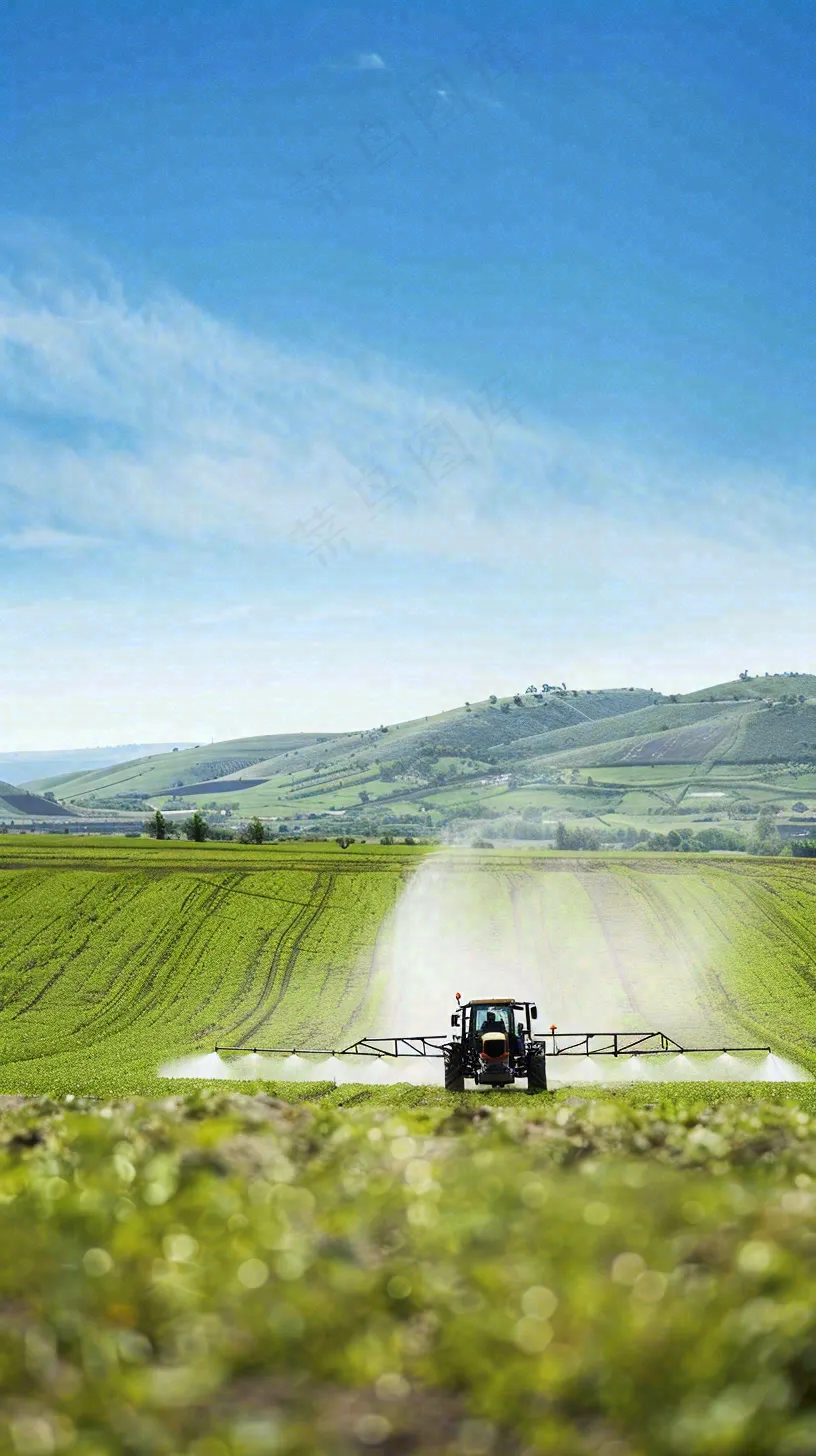 农田庄稼里耕种的机器农忙劳动节摄影图