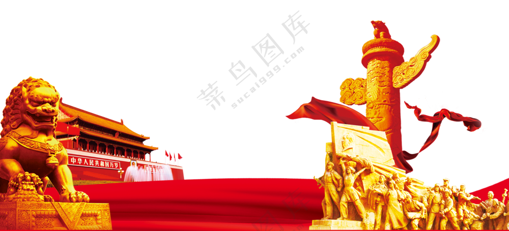 金色狮子雕塑与华表等PNG免抠素材