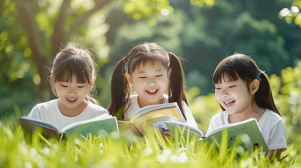 公园草坪看书阅读的学生孩子们知识兴趣世界读书日摄影图