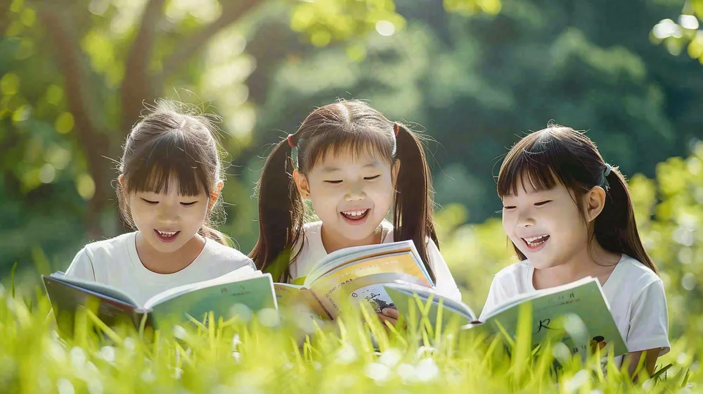 公园草坪看书阅读的学生孩子们知识兴趣世界读书日摄影图