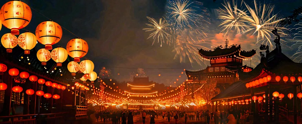 新年节日京城灯火灯笼烟花爆竹盛世国风小年除夕元宵节插画背景