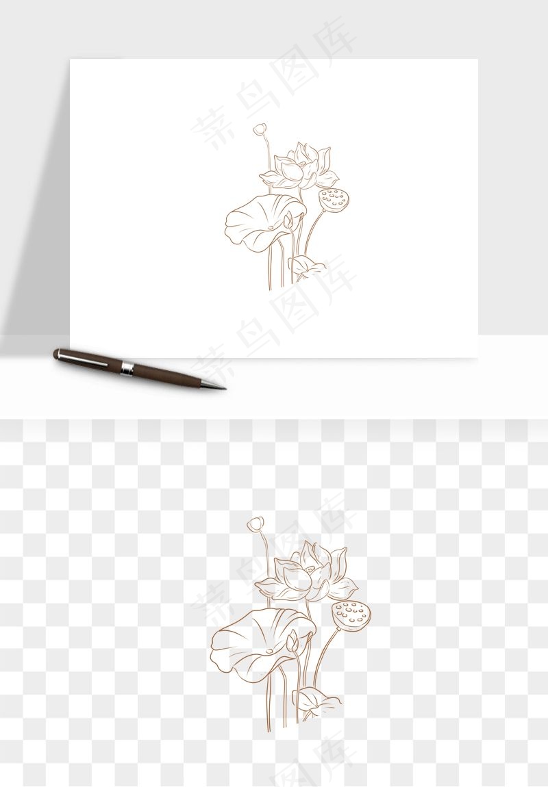 线描荷花莲花线条png免抠