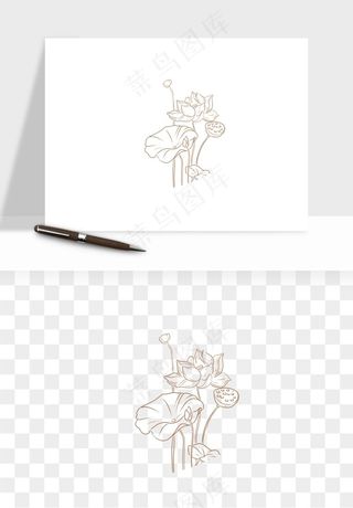 线描荷花莲花线条png免抠