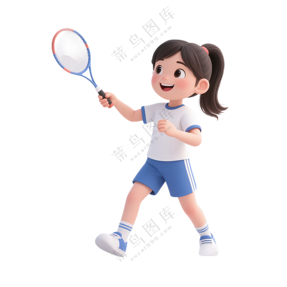 蓝+白色纯净3D风格打羽毛球的女孩免抠PNG素材
