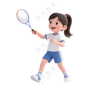 蓝+白色纯净3D风格打羽毛球的女孩免抠PNG素材
