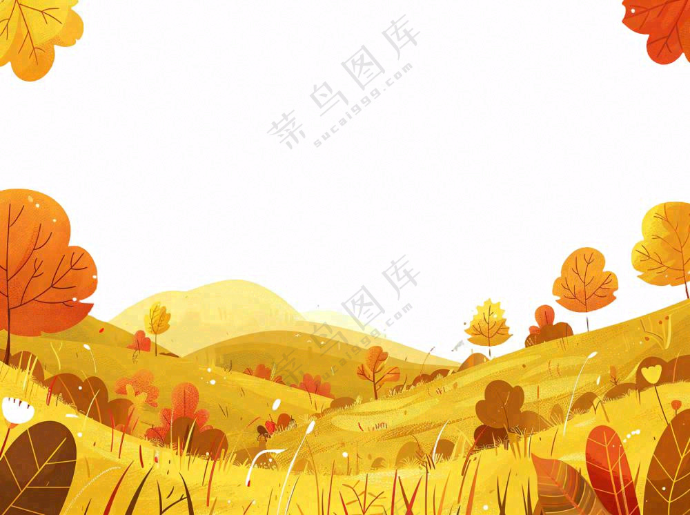 秋天山林草原黄色树叶卡通插画免抠