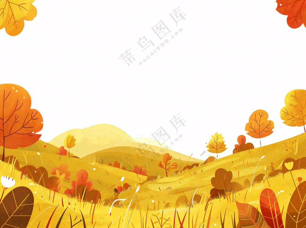 秋天山林草原黄色树叶卡通插画免抠