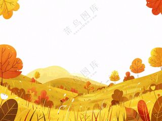 秋天山林草原黄色树叶卡通插画免抠