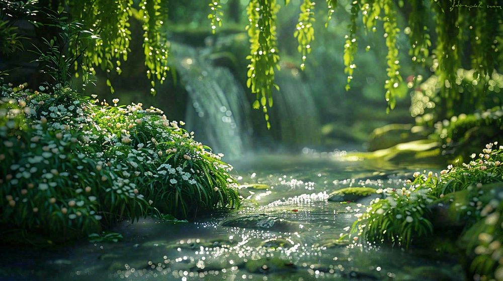 山涧溪流夏日清凉解暑苔藓植物小花立夏夏至摄影图
