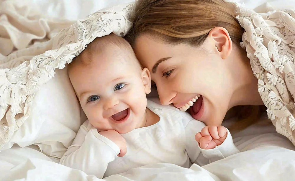 妈妈陪着婴儿玩耍白色床温馨母亲节摄影图