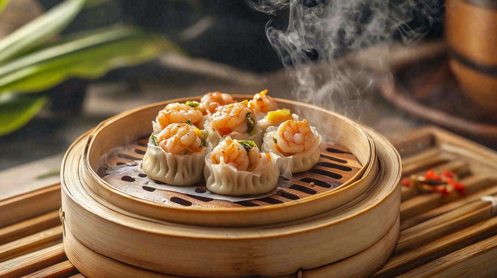 虾仁烧麦早点早餐美食摄影图