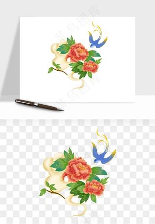 手绘国潮牡丹花花卉图案png免抠