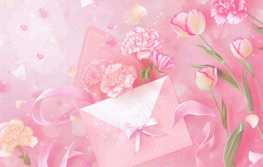 母亲节鲜花花束信封康乃馨粉色插画背景